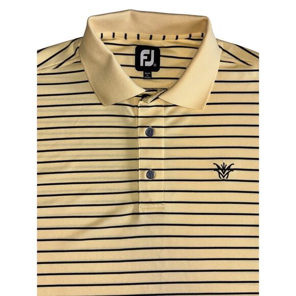 FJ Footjoy Men's Polo Shirt Medium Yellow Navy Stripe Unknown Golf Course Logo - Picture 1 of 12